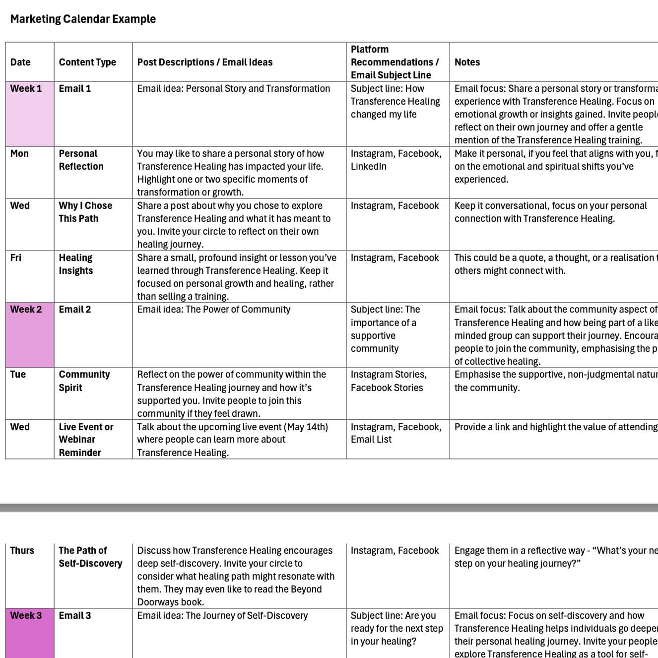 Marketing Calendar Example